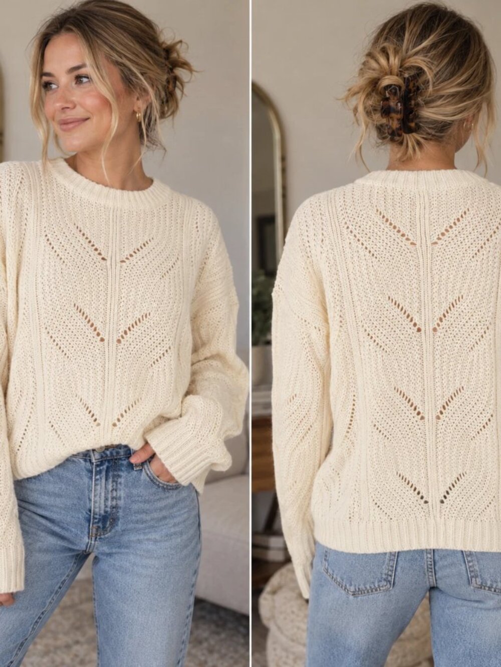 Madewell Womens XS Alpaca Blend Open Knit Sweater Ivory Cream Pointelle Pullover